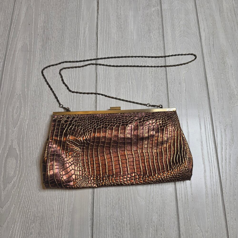 Gunne Sax Vintage Bronze Faux Crocodile Embossed Chain Strap Clutch